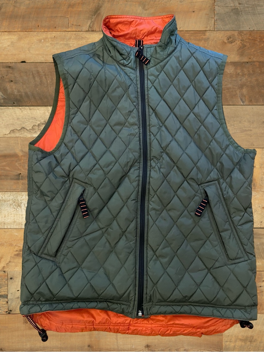 Quilted Puffer Vest Olive Green Orange Lined Outdoor Utility Unisex